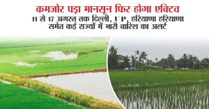 कमजोर पड़ा मानसून फिर होगा एक्टिव: 11 से 17 अगस्त तक दिल्ली, UP, हरियाणा हरियाणा समेत कई राज्यों में भारी बारिश का अलर्ट